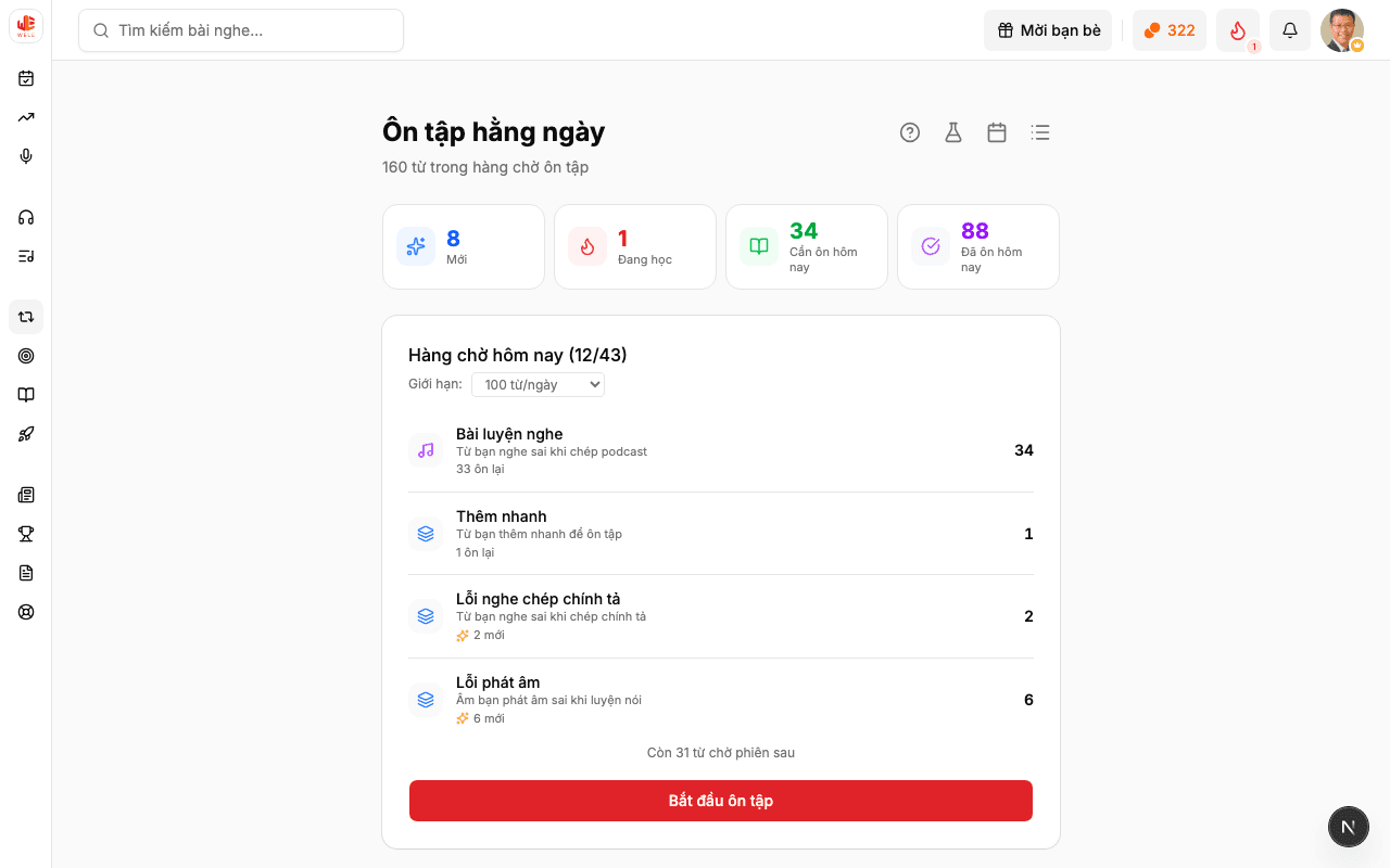 Trang ôn tập hằng ngày với thống kê hàng đợi