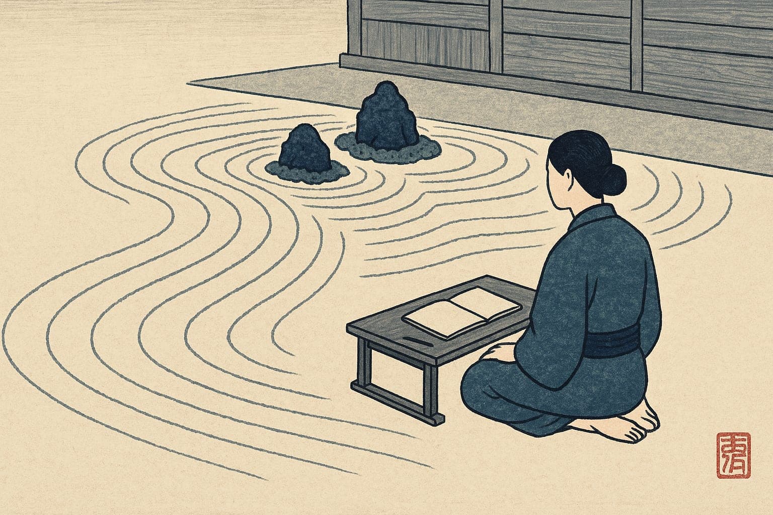 Woodblock-print concept art of a listener kneeling at a low writing desk beside a raked gravel garden